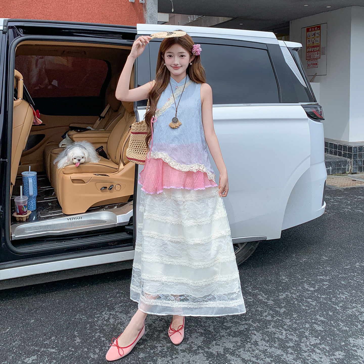 初夏爆款多巴胺甜美国风套装女2026新款拼色上衣蕾丝半身裙两件套