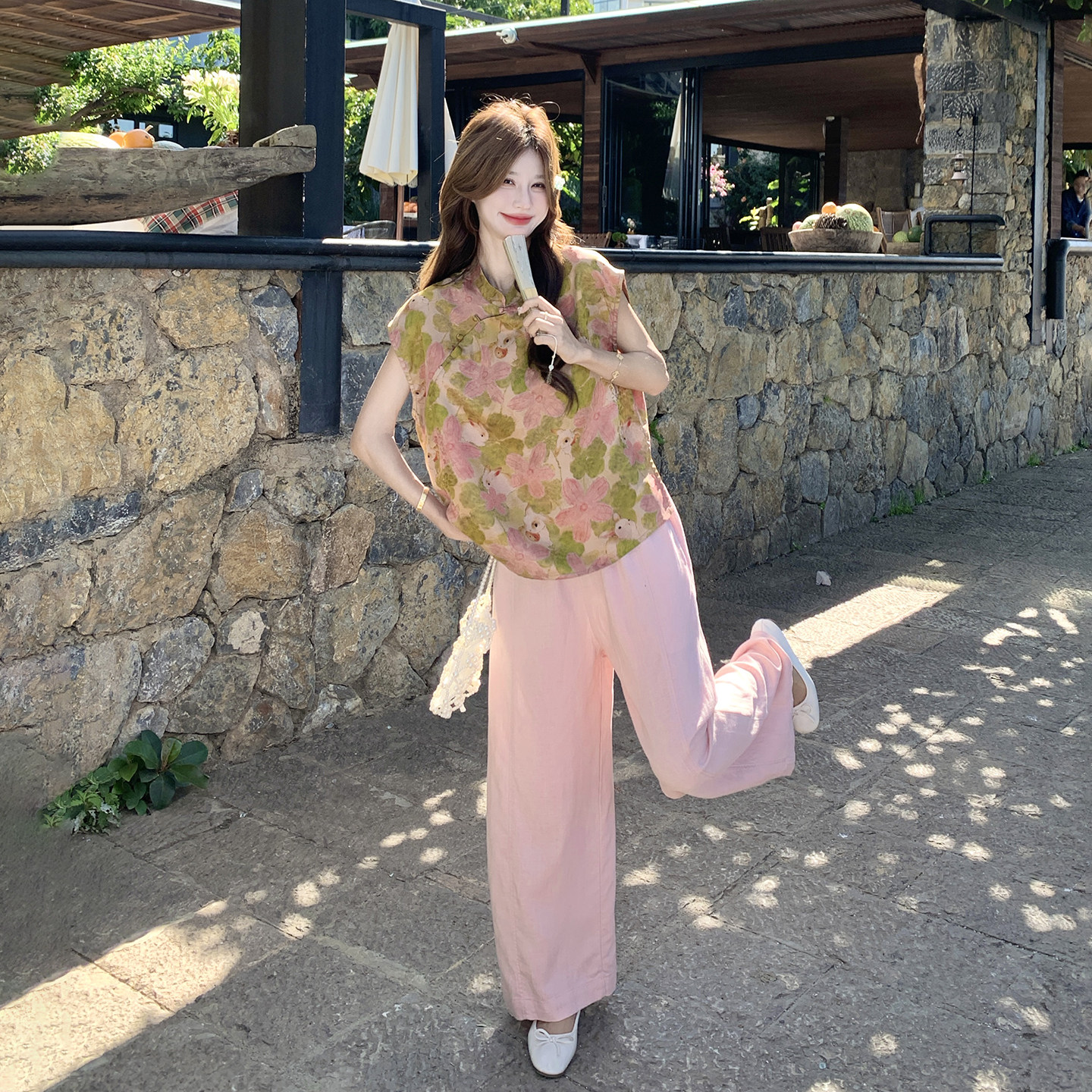 夏日轻奢绝美穿搭一整套2026新款新中式印花无袖上衣阔腿裤两件套