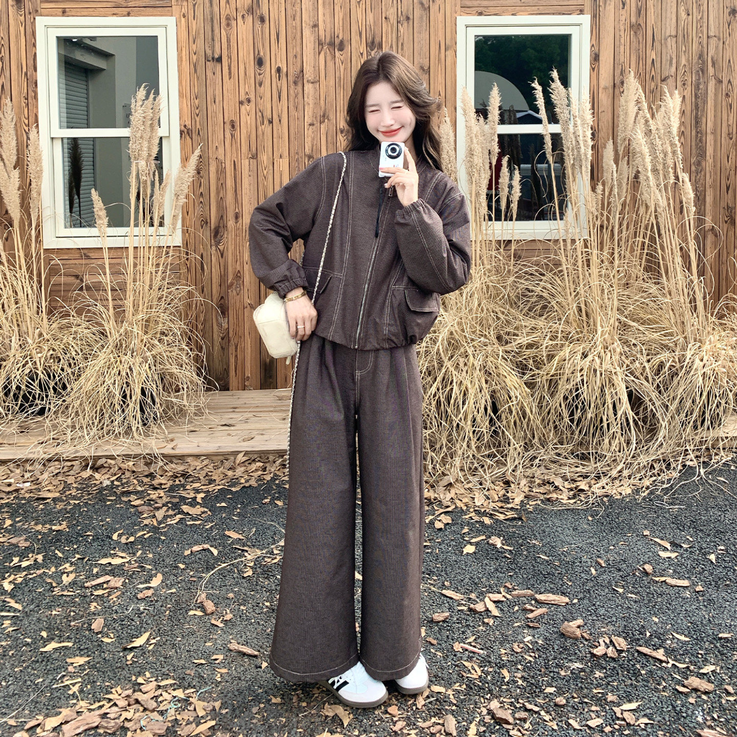 美拉德工装秋季阔腿裤套装显瘦