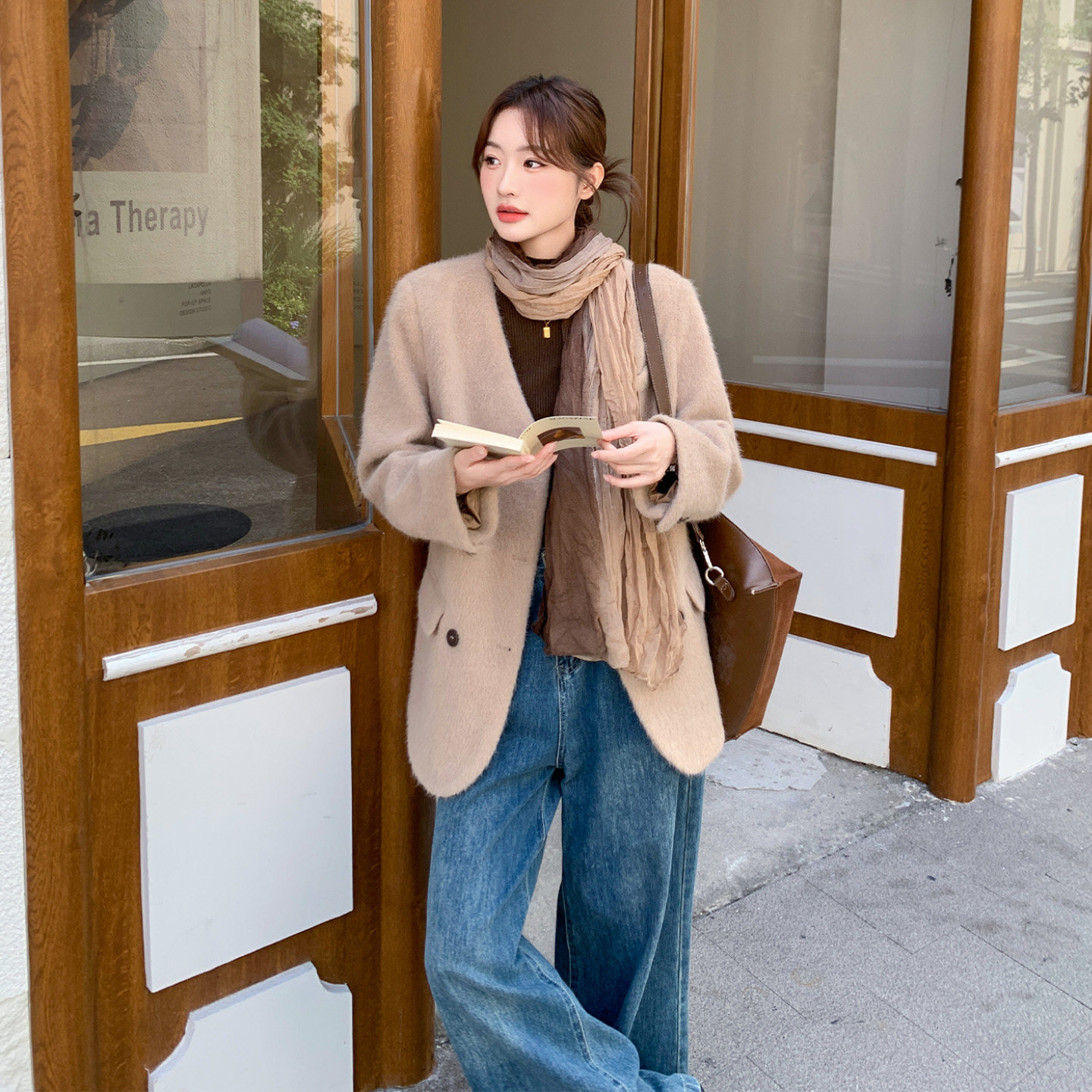 秋冬韩版双排扣驼色毛呢大衣女