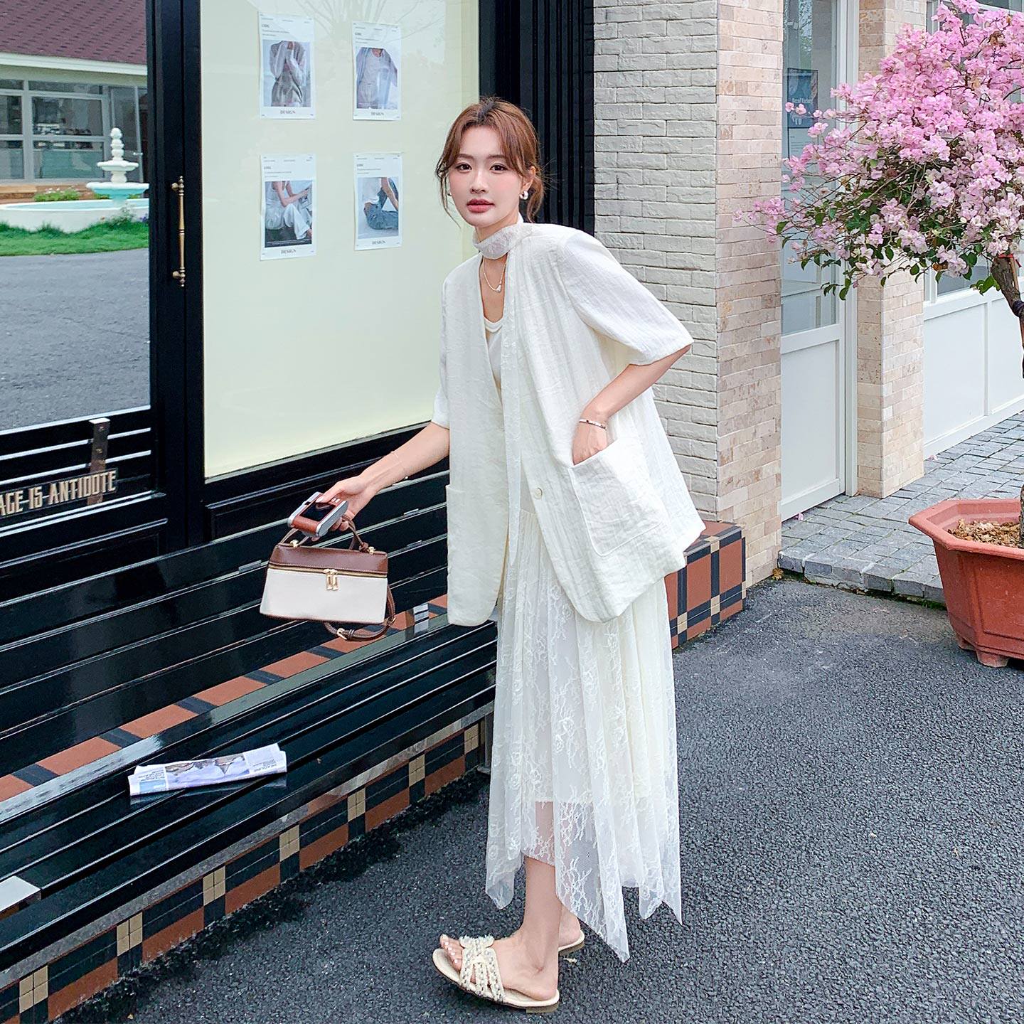 韩式甜美系大女主穿搭短袖西装外套设计感半身裙两件套2026夏新款