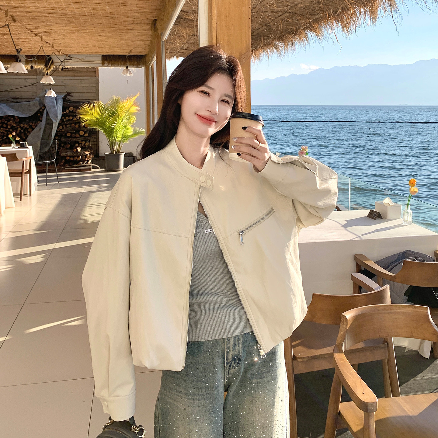 米白色又酷又飒休闲PU皮衣外套女2026春季新款韩版小个子百搭夹克