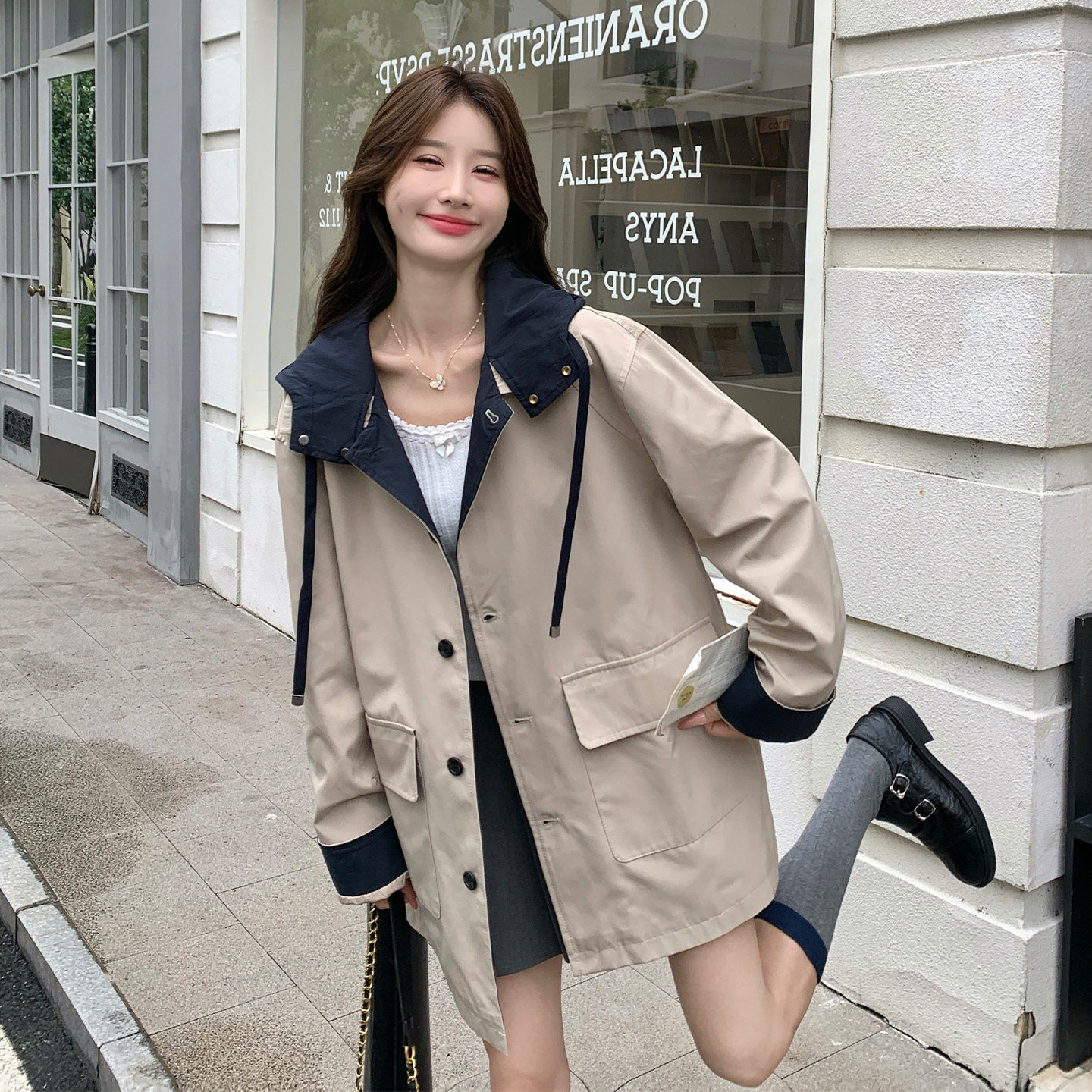 韩系学院风撞色连帽风衣外套女