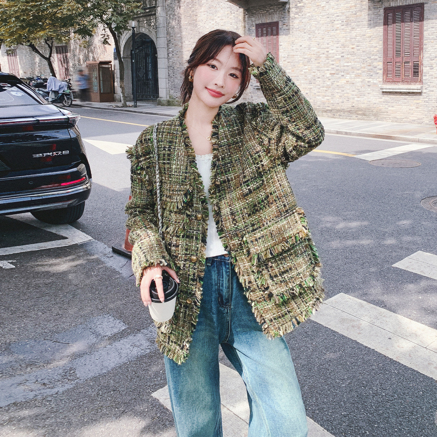 小香风粗花呢短外套女流苏边