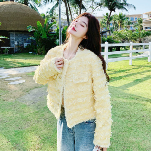 黄色法式 巨好看今年流行上衣 名媛小香风短外套女小个子2026春新款