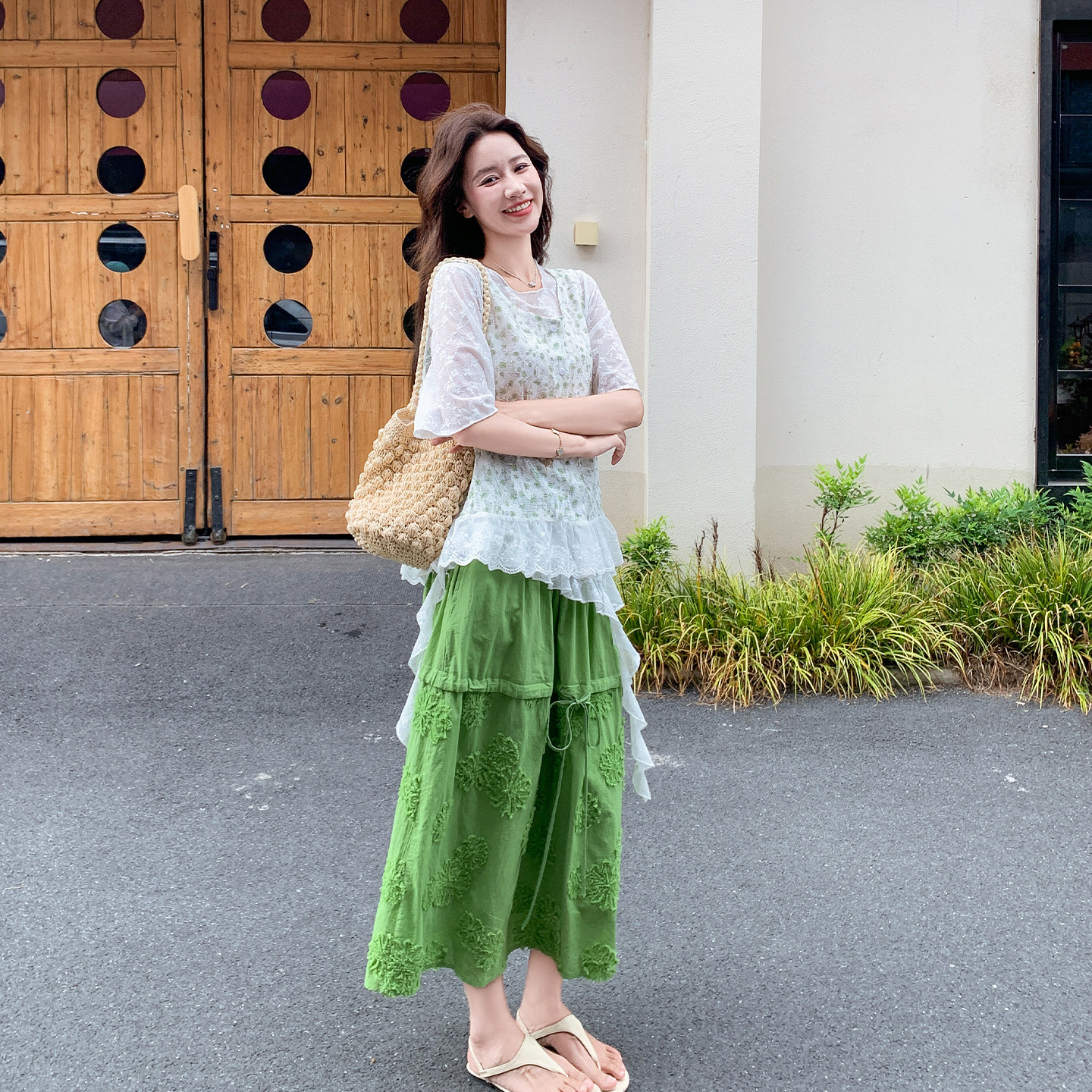 夏日清凉绿色碎花女装三件套