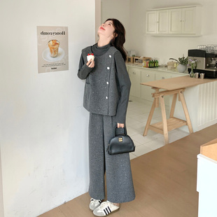 灰色慵懒风亮闪闪马甲套装女2026春季今年流行打底衫阔腿裤三件套