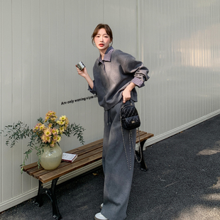 灰色韩系条纹拼接Polo领卫衣套装女2026春慵懒风休闲阔腿裤两件套