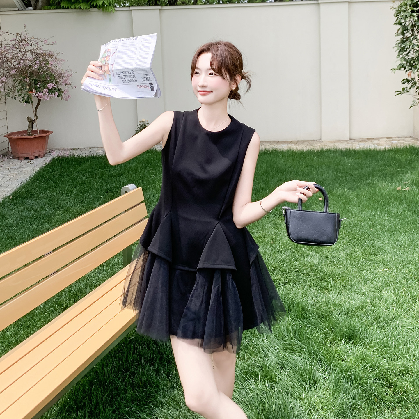 黑色优雅甜辣风网纱拼接连衣裙女2026新款夏日小个子高级感公主裙