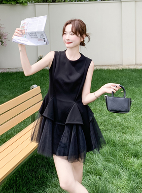 黑色优雅甜辣风网纱拼接连衣裙女2026新款夏日小个子高级感公主裙