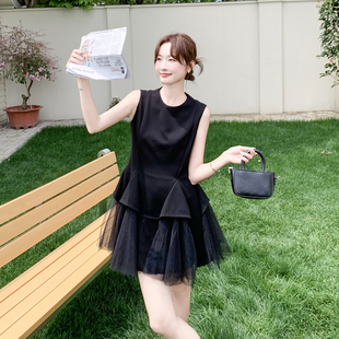 黑色优雅甜辣风网纱拼接连衣裙女2026新款夏日小个子高级感公主裙