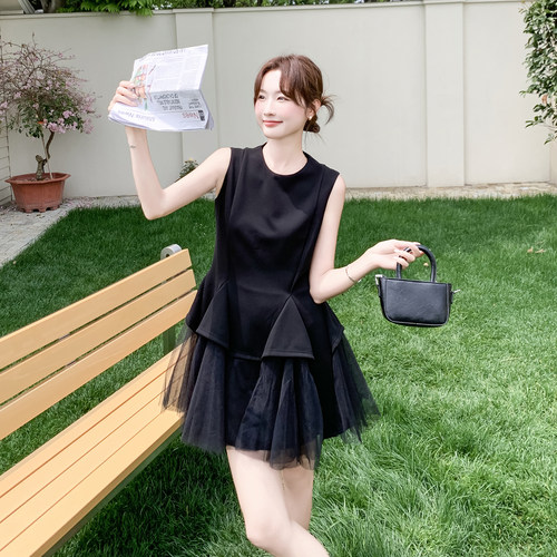 黑色优雅甜辣风网纱拼接连衣裙女2026新款夏日小个子高级感公主裙