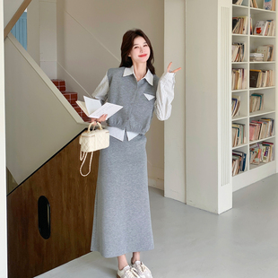 灰色轻职场休闲套装女2026春新款假两件条纹上衣高腰半身裙两件套