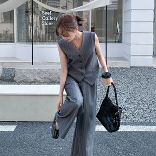 高腰显瘦阔腿裤 2026夏新款 两件套 马甲套装 灰色简约老钱风气质西装