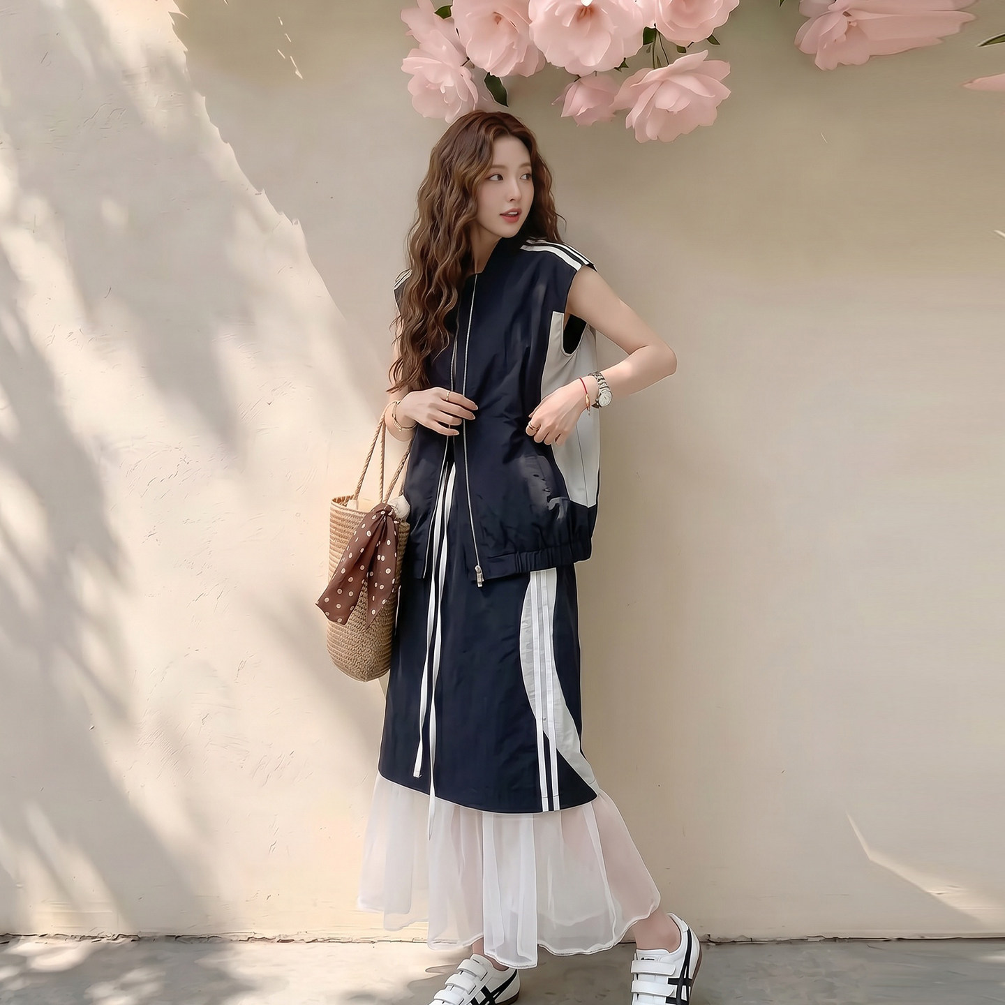 女夏季撞色网纱马甲裙两件套