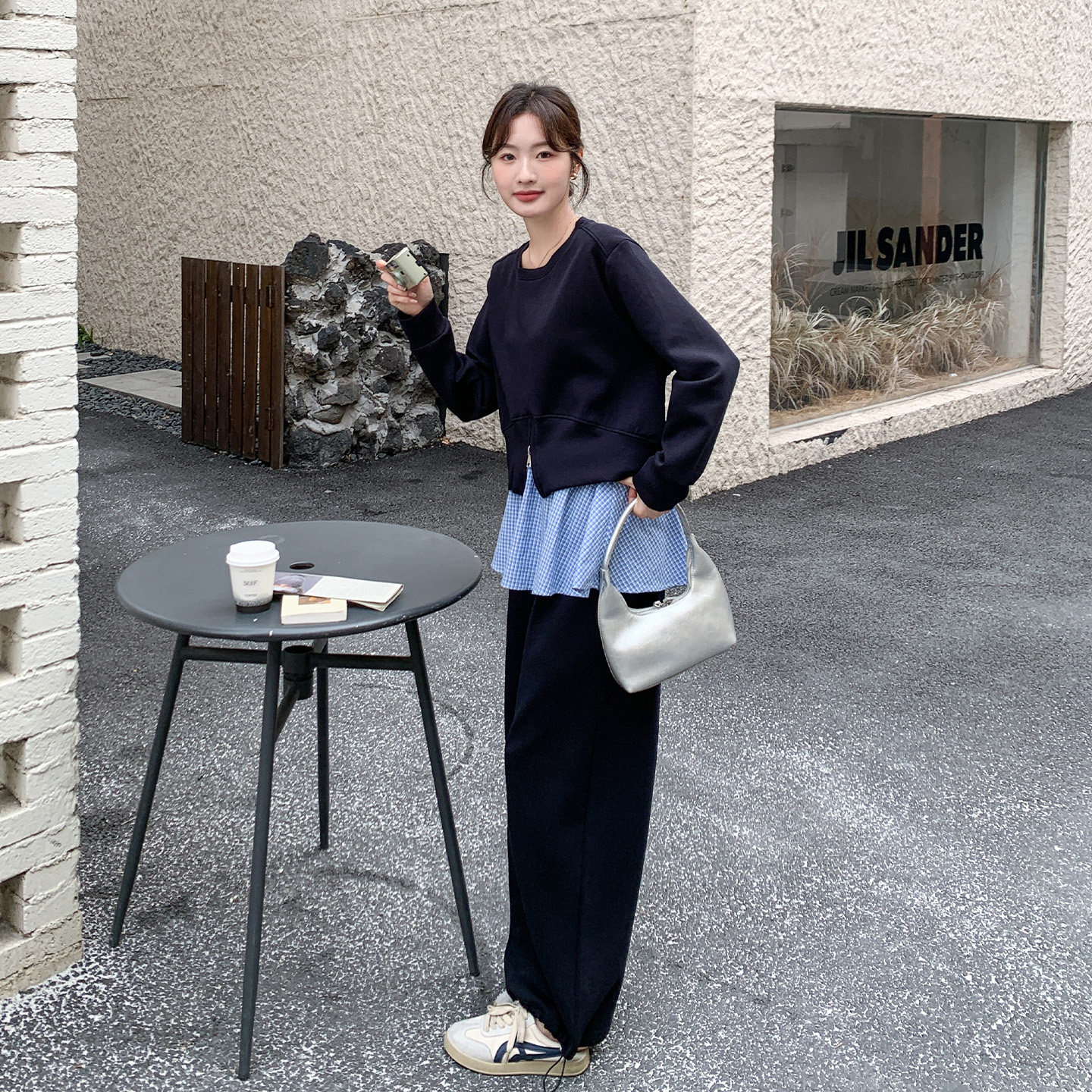 一整套ootd穿搭套装女2026春新款韩系半拉链卫衣格纹拼接长裤套装