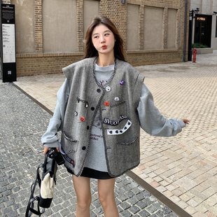 灰色设计感减龄休闲马甲套装女2026春季小个子字母印花卫衣两件套
