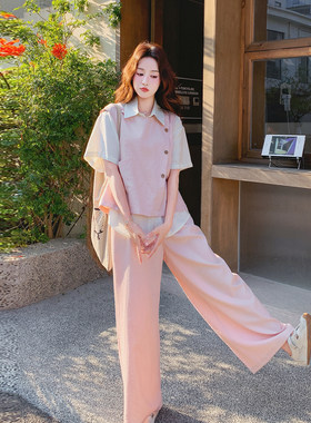 夏季少女风甜美粉色T恤阔腿套装