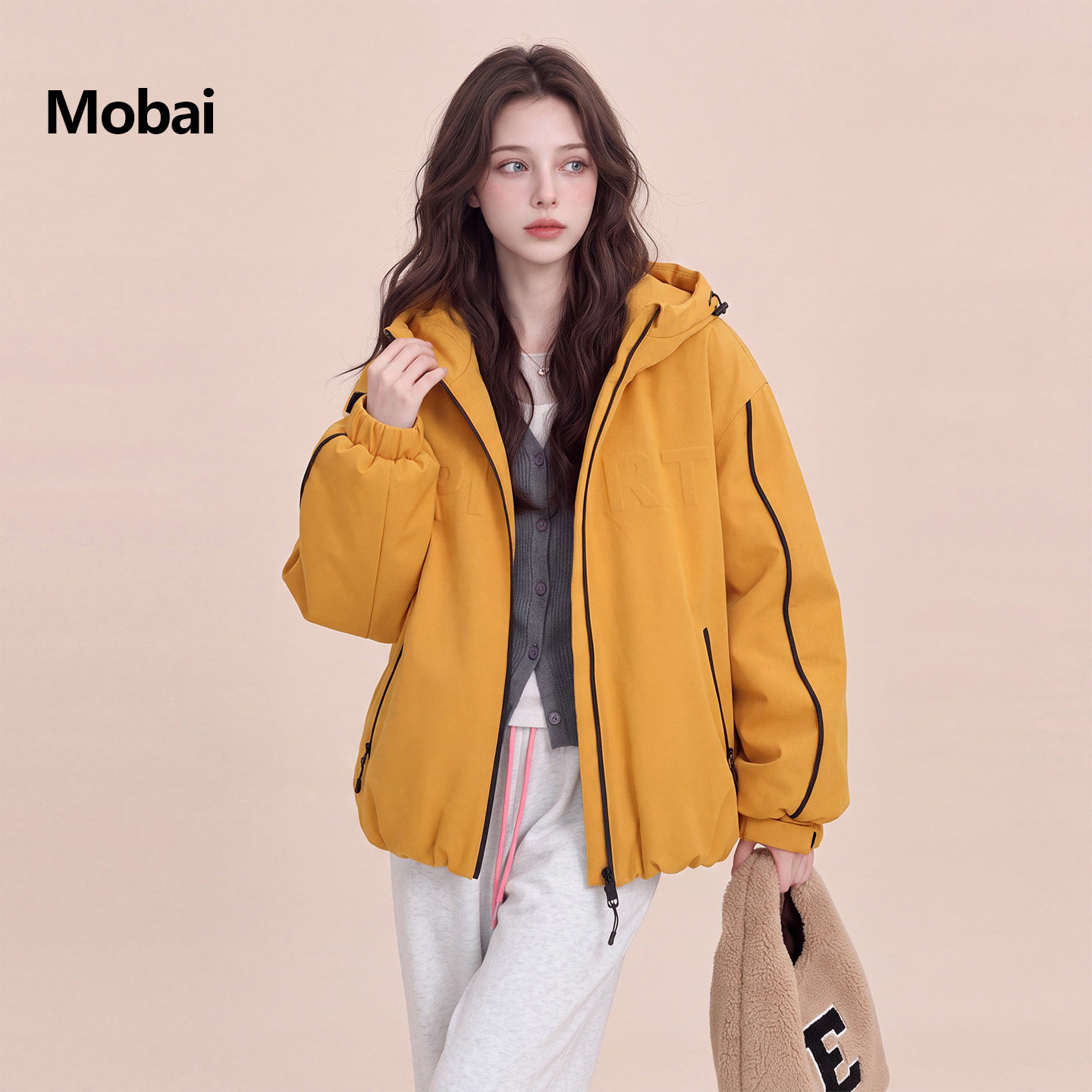 南瓜黄连帽羽绒服女冬季户外保暖