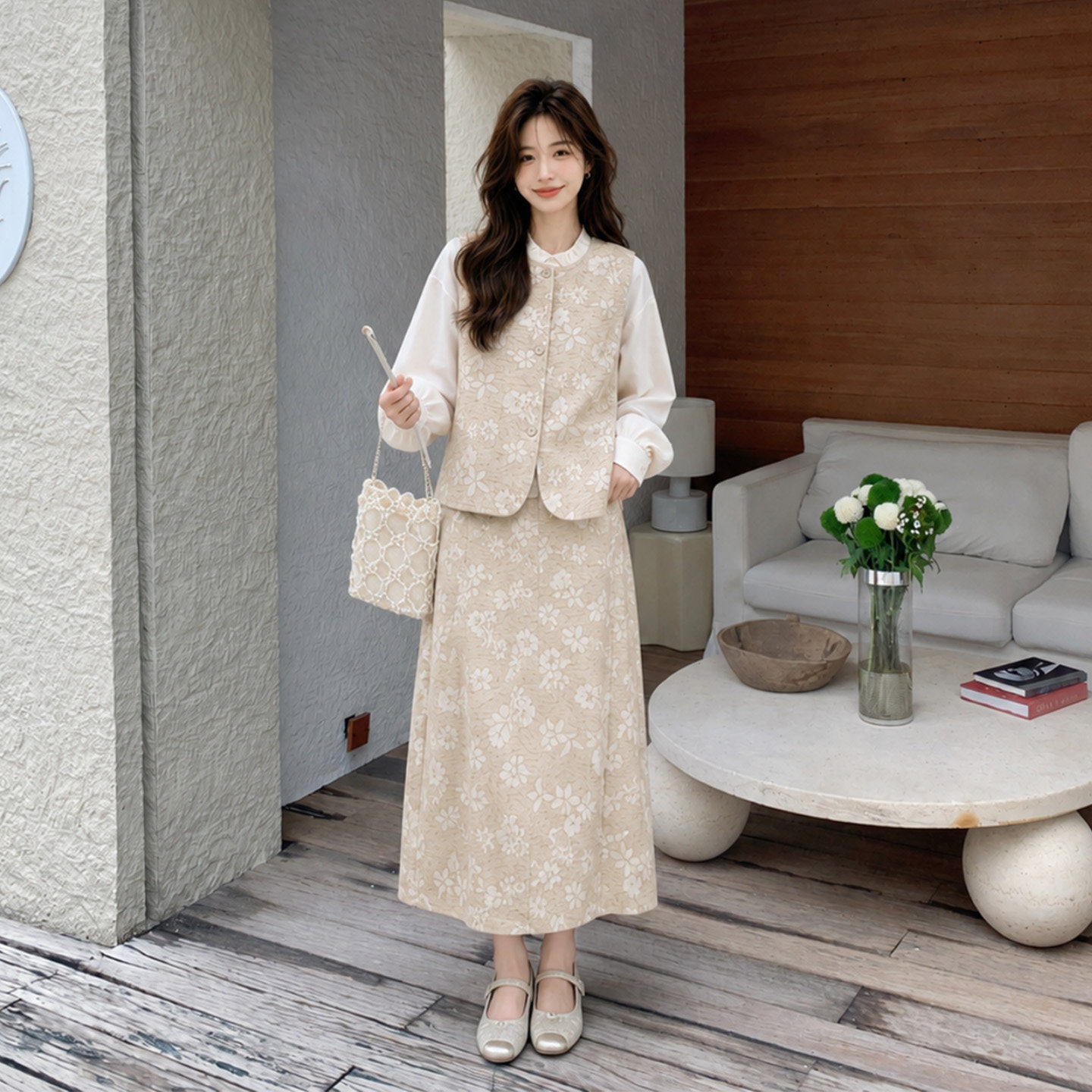 马甲衬衫半身裙三件套女