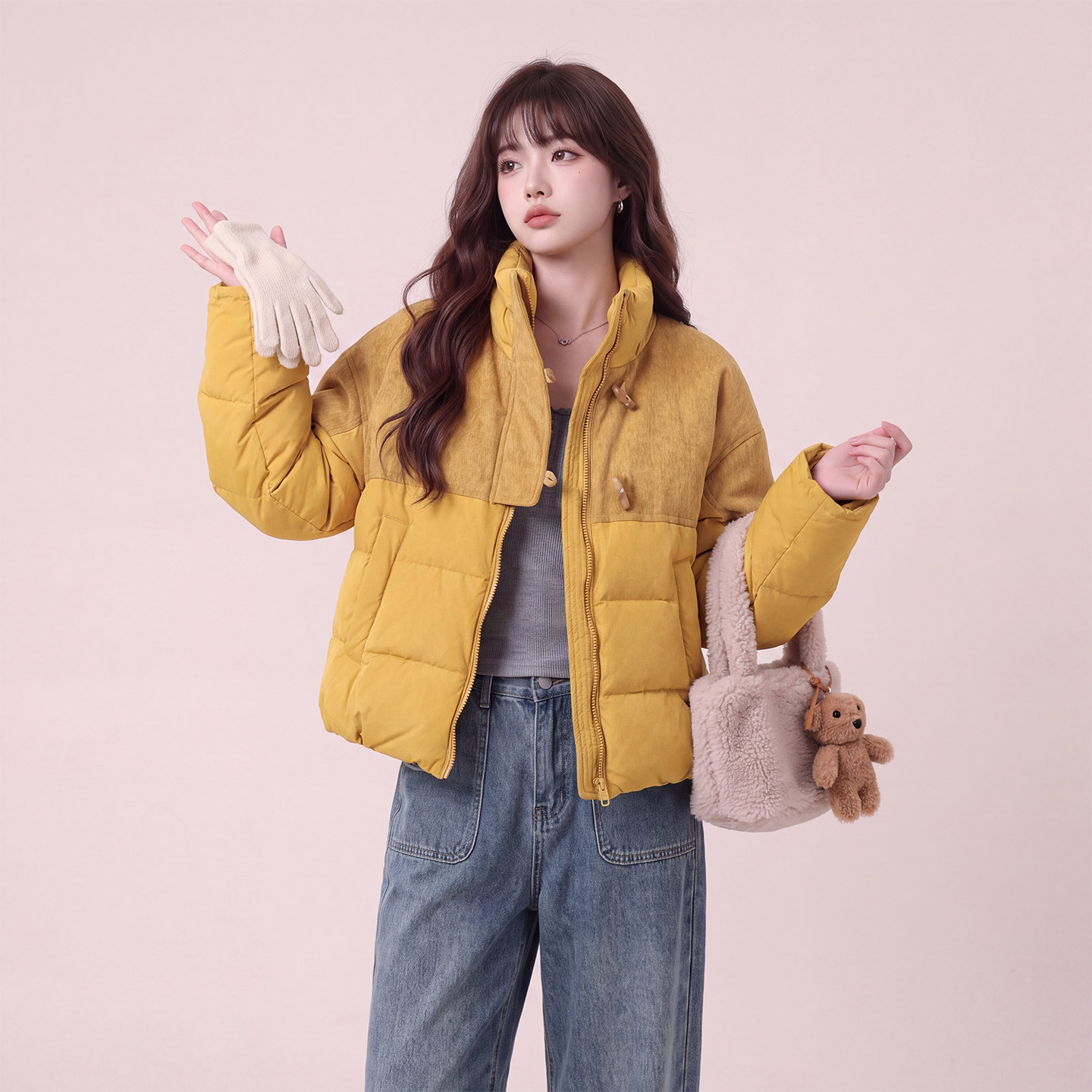 奶黄色立领面包羽绒服女90白鸭绒