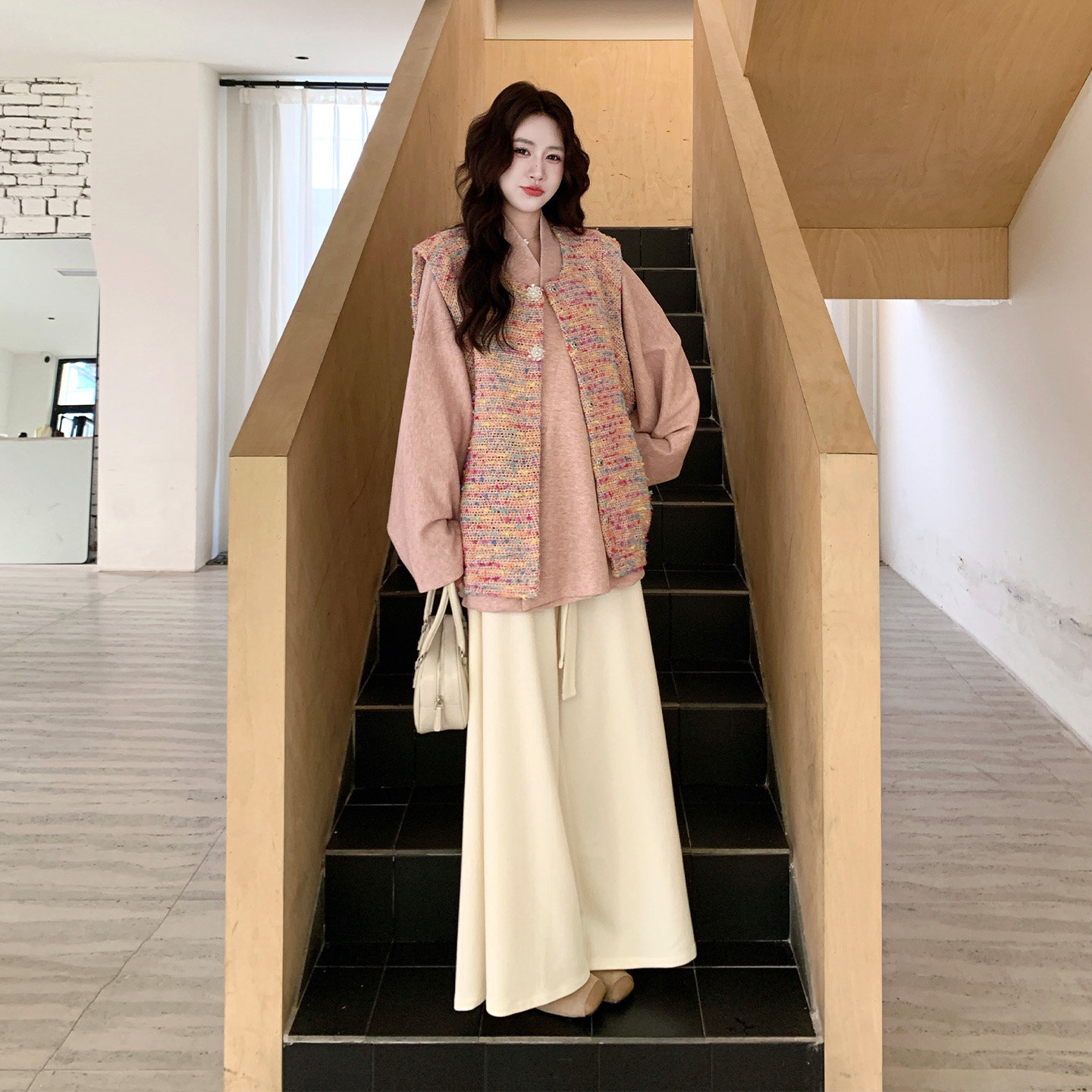 秋季韩系针织马甲阔腿裤女三件套