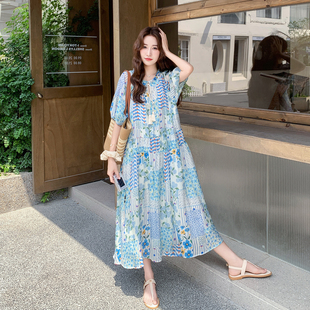 蓝色气质超火绝美撞色印花连衣裙女2026春新款 设计感圆领系带长裙