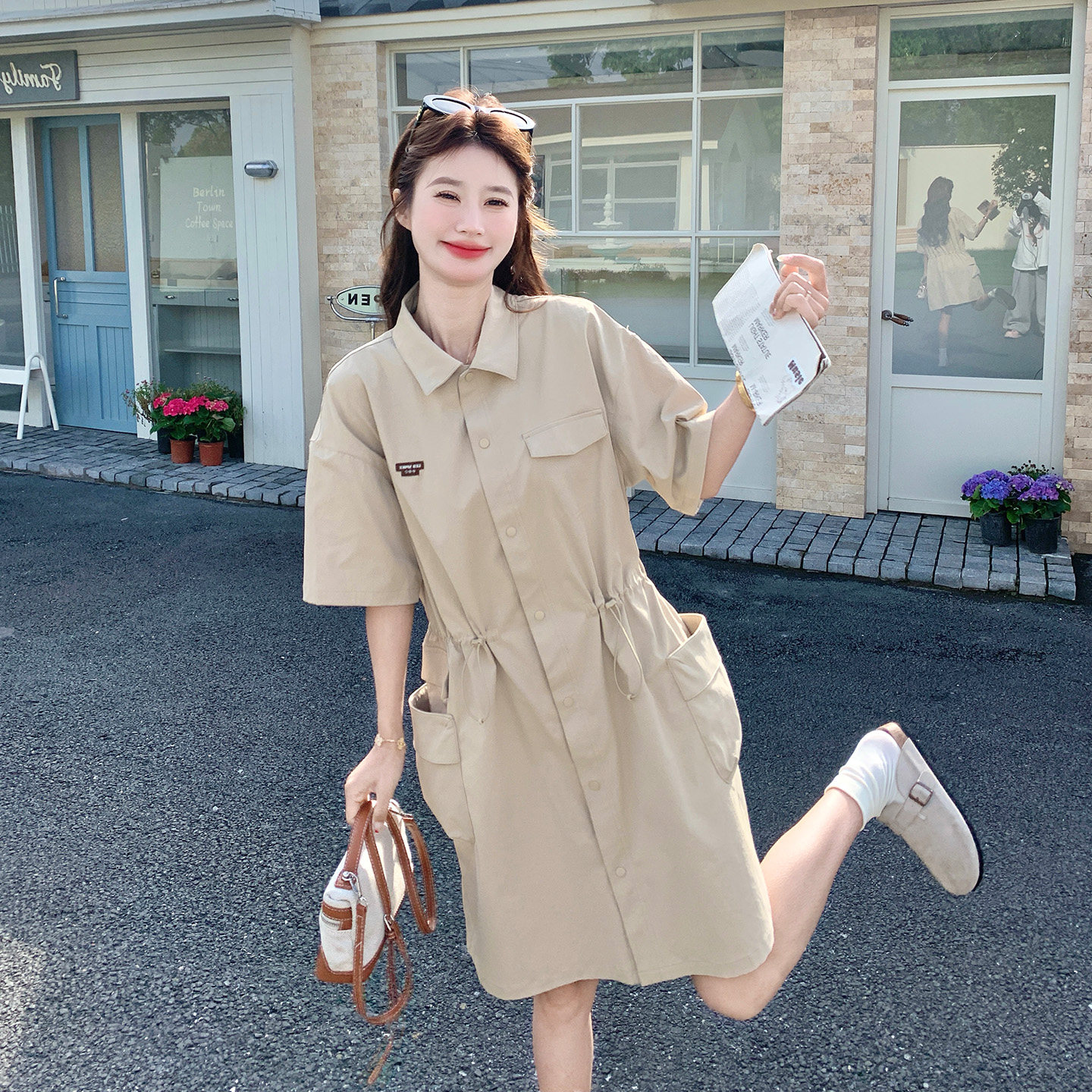 工装风polo领连衣裙女小个子