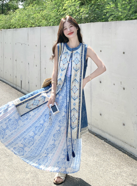 蓝色复古国风设计感套装女2026初夏新款撞色印花长衫半身裙两件套