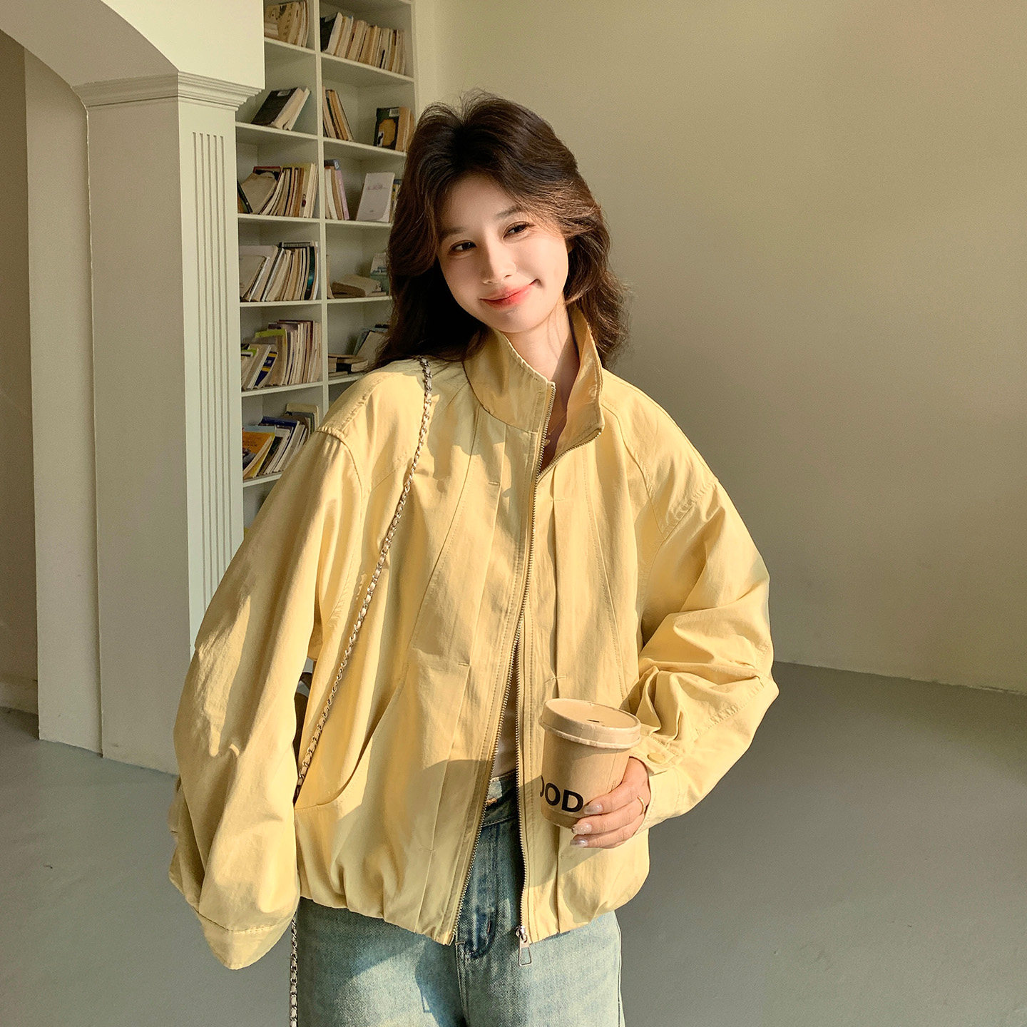 秋季韩系黄色立领减龄短外套女