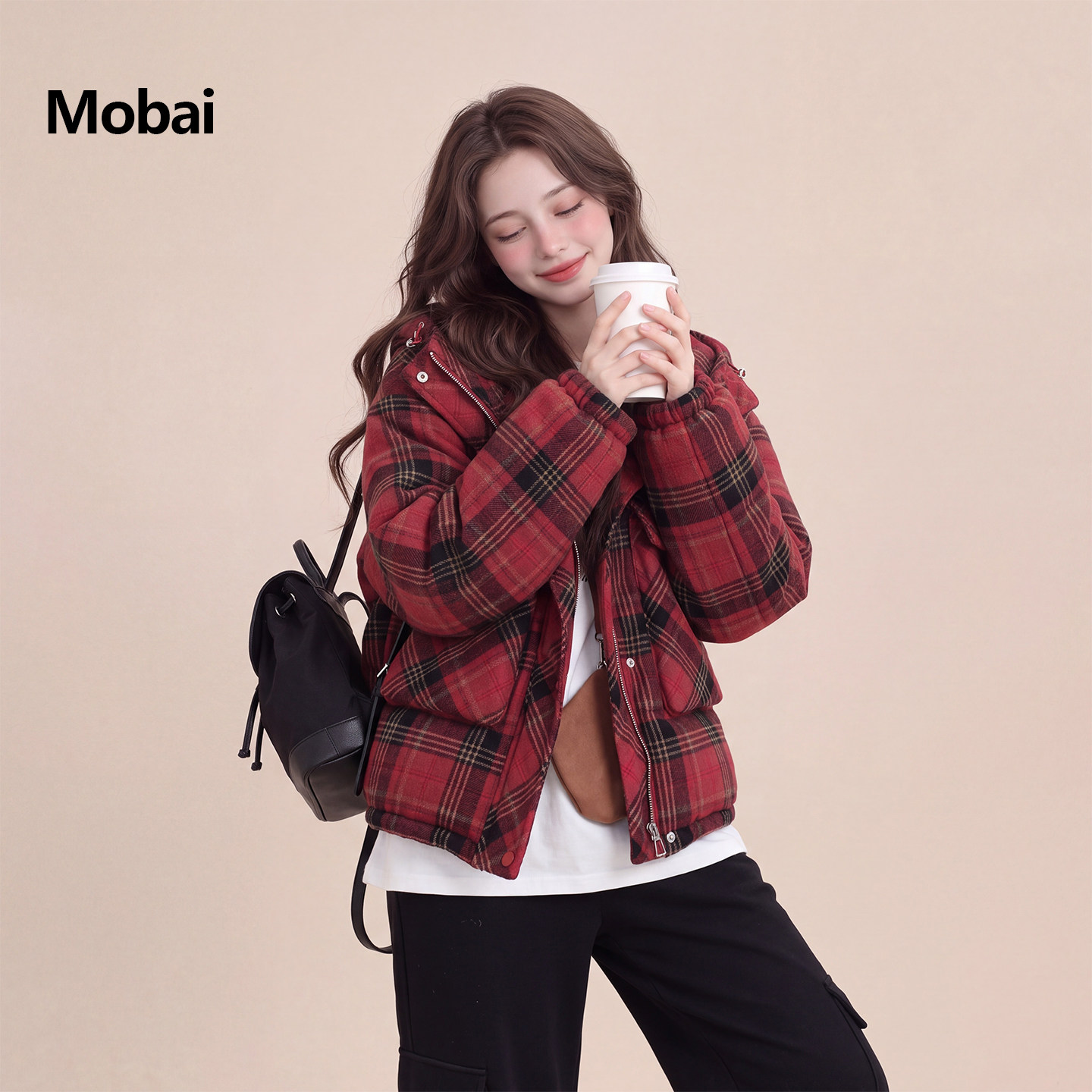 红色格纹韩系连帽加厚羽绒服女