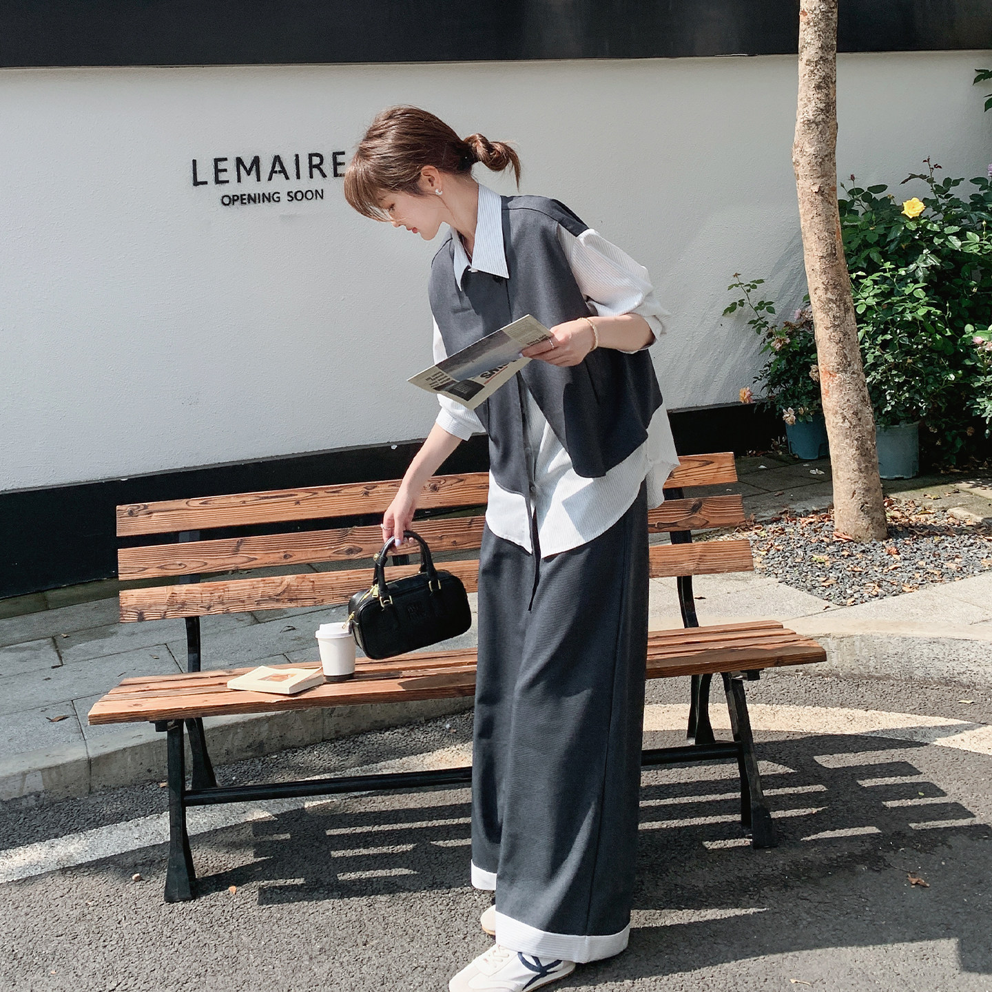 灰色韩系假两件Polo领衬衫套装女2026春新款气质休闲阔腿裤两件套