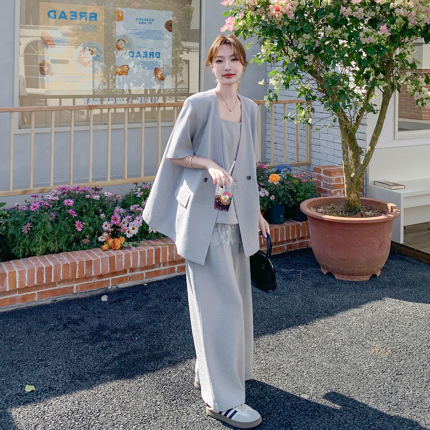 轻熟优雅风短袖西装阔腿裤套装女夏高级感减龄三件套A24/298