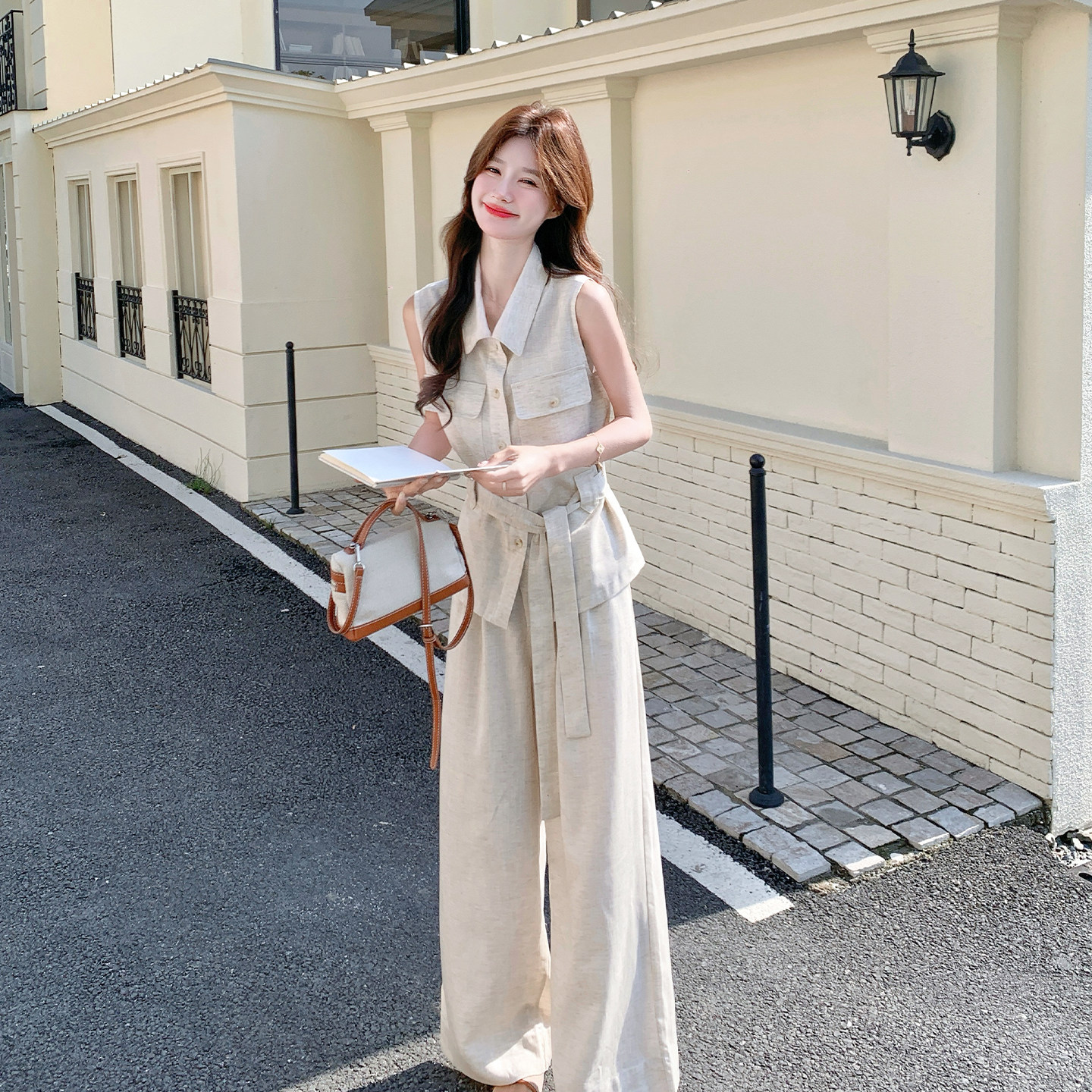 初夏高知老钱风棉麻套装女2026新款收腰无袖马甲高腰阔腿裤两件套
