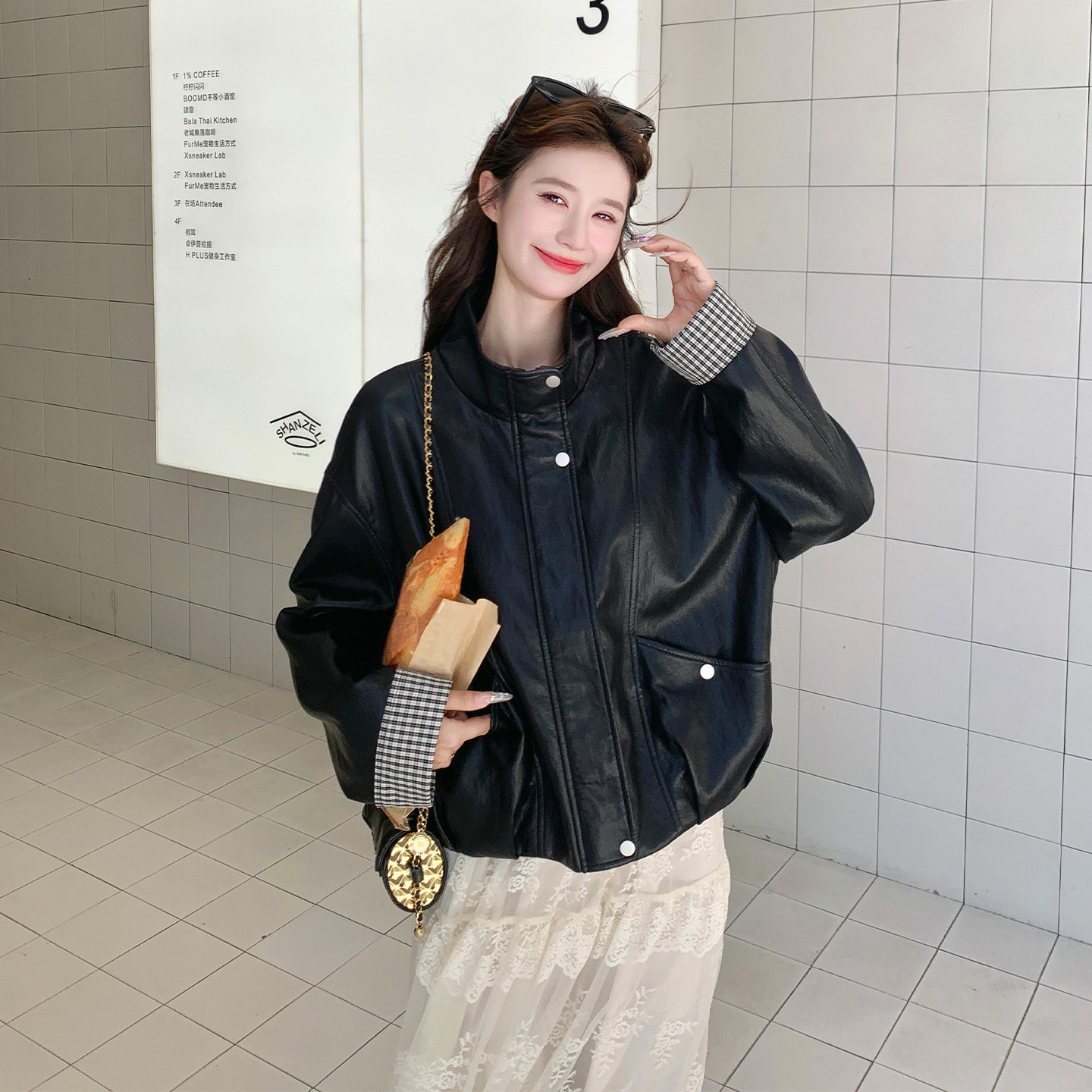 黑色立领机车风PU皮衣女短外套