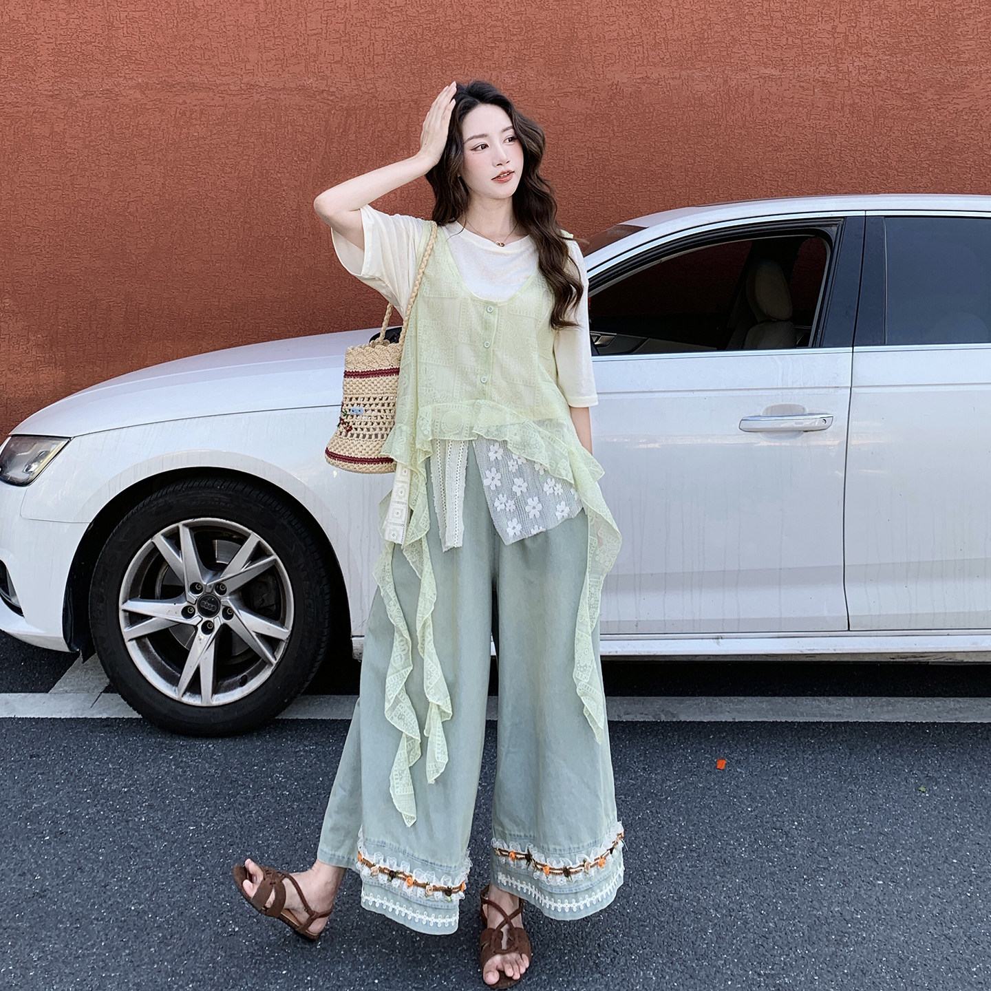 韩系俏皮减龄时尚套装女2026夏日新款飘带马甲短袖内搭长裤三件套