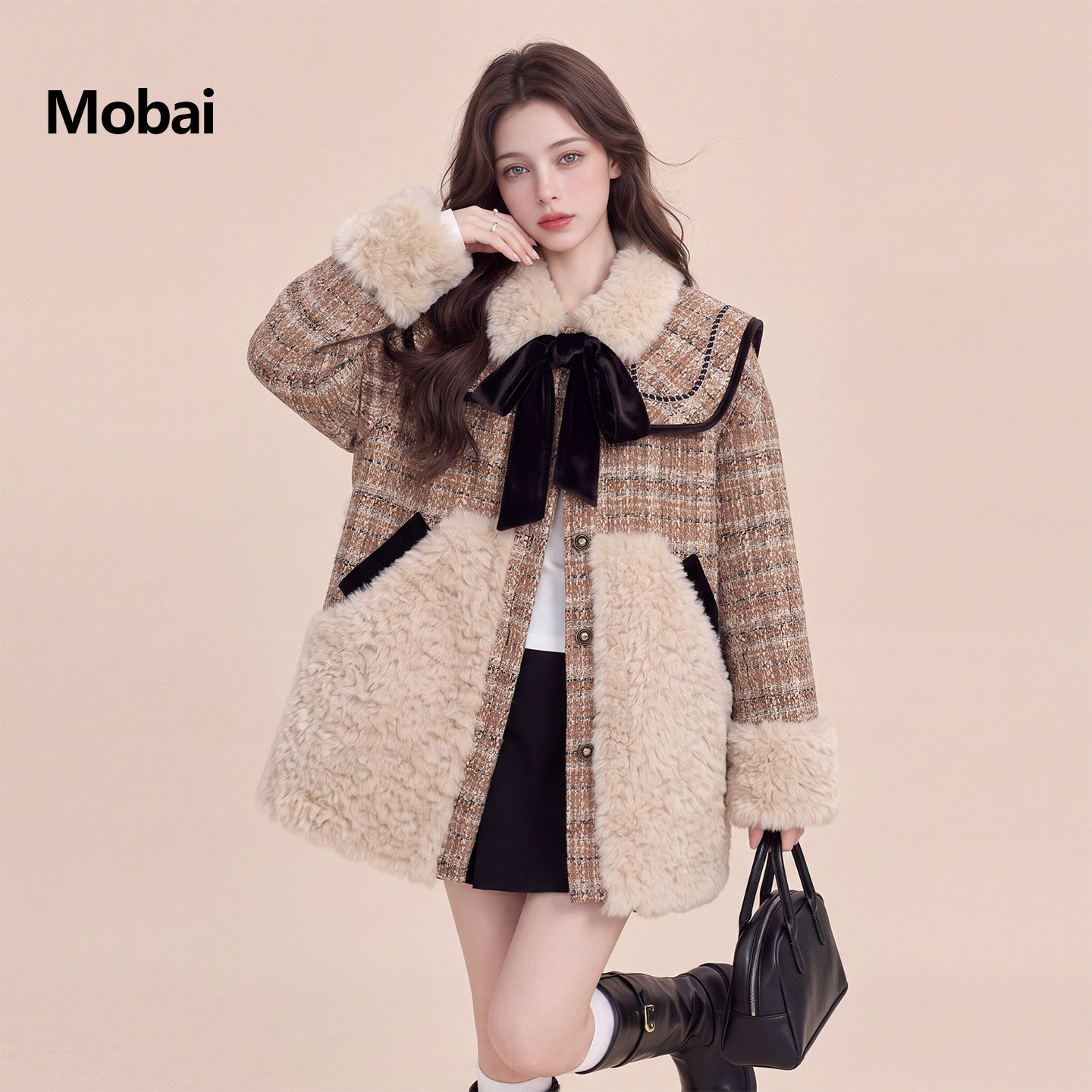 Mobai 千金风格纹拼接羽绒内胆外套女2026冬日新款蝴蝶结系带大衣