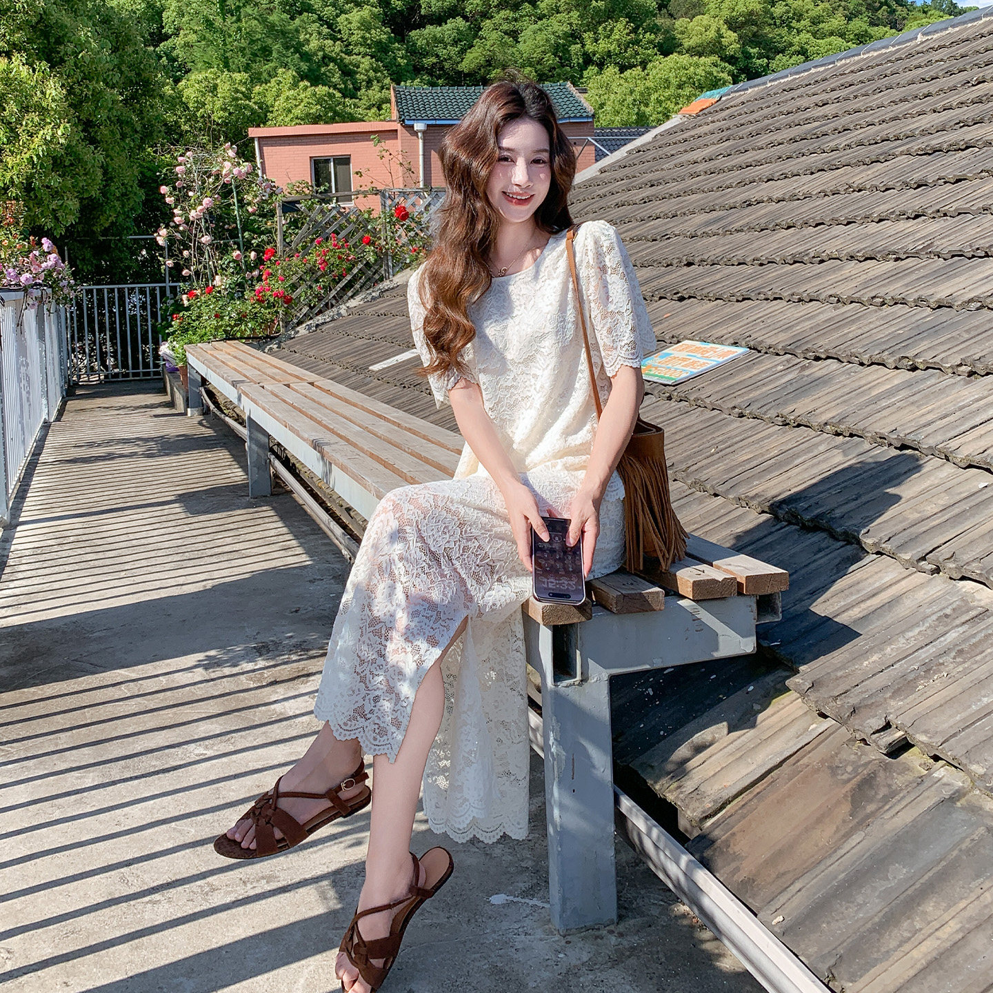 法式温柔风钩花蕾丝两件套女