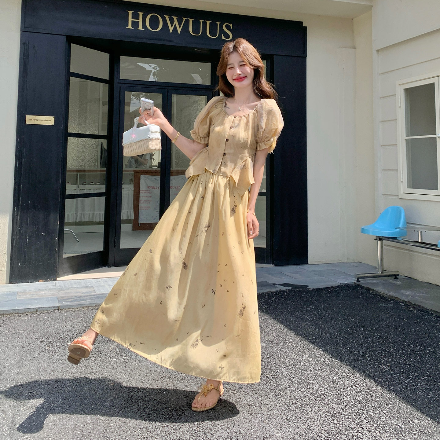 法式不费力少女感碎花套装女2026新款减龄泡泡袖衬衫半身裙两件套