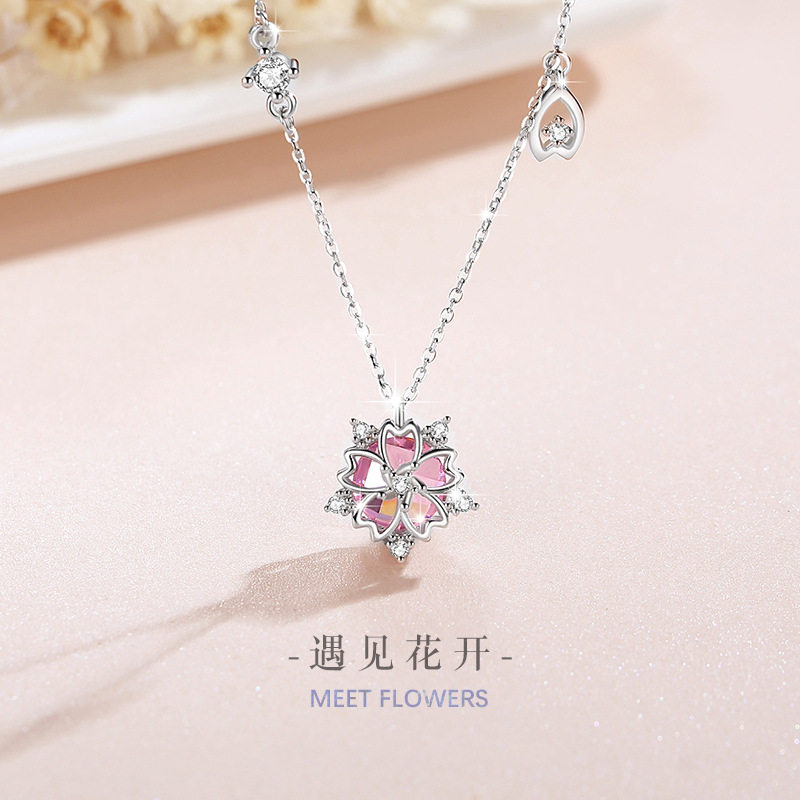 樱花s925纯银项链女小众设计轻奢款粉红色锆石吊坠锁骨链朋友礼物