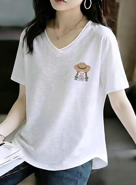 竹节棉V领短袖T恤女夏季宽松显瘦时尚百搭减龄印花上衣大码白色