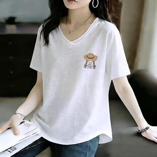 竹节棉V领短袖T恤女夏季宽松显瘦时尚百搭减龄印花上衣大码白色