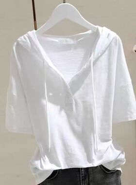 宽松正品竹节棉100%纯棉连帽短袖t恤女士夏季显瘦白色气质帽衫潮