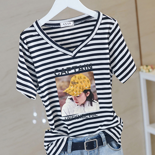 纯棉夏季新款韩版宽松百搭条纹v领上衣短袖T恤女ins时尚洋气潮