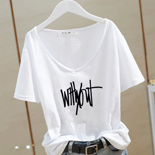 夏季纯棉V领宽松大码短袖T恤女