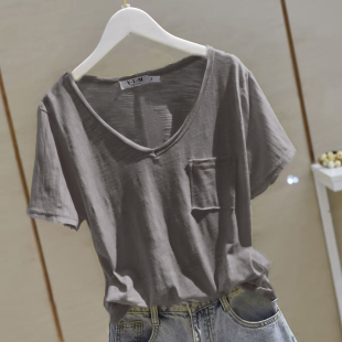 韩版 白色宽松显瘦休闲口袋纯色上衣 T恤女2026夏新款 通勤风V领短袖