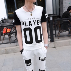 夏季男士T恤青少年韩版修身个性短袖休闲潮流帅男装套装