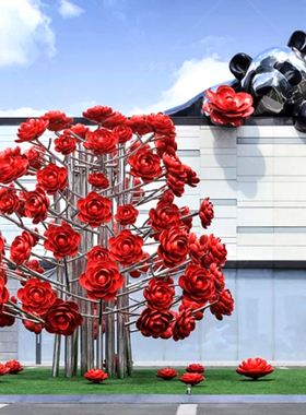 不锈钢玫瑰花景观雕塑花树造型