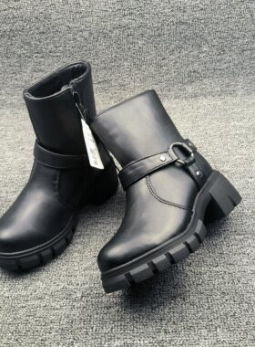 65$外贸女童增高粗跟短靴女机车风2025新款潮流厚底潮酷马丁靴秋