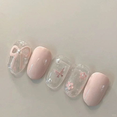 2026年新年款手工穿戴甲甜美樱花粉芭蕾成品美甲短款式指甲贴片